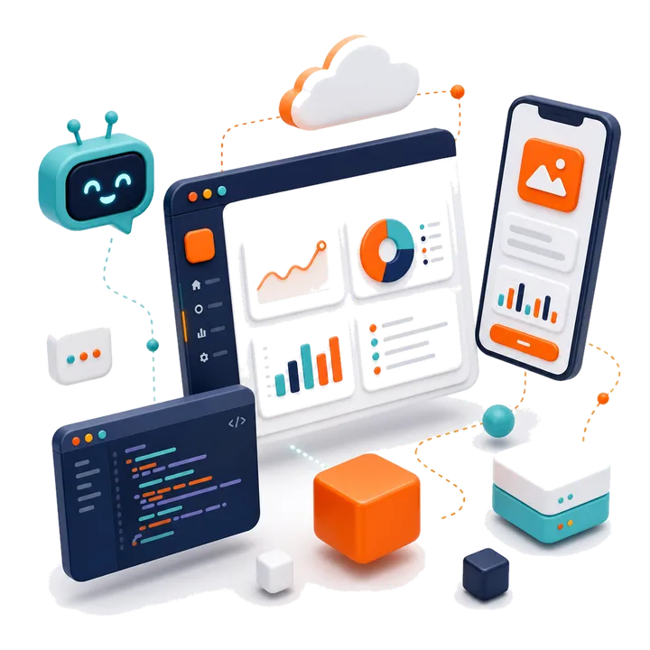 Illustration of digital building blocks: dashboards, apps, code and AI